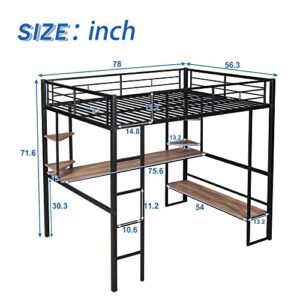 Woanke Metal Full Size Loft Bed&MDF Bed with Long Desk and Shelves, Heavy Duty Steel Bedframe for Kids Teens Adults, Black