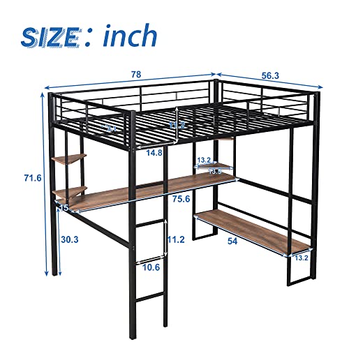 Woanke Metal Full Size Loft Bed&MDF Bed with Long Desk and Shelves, Heavy Duty Steel Bedframe for Kids Teens Adults, Black