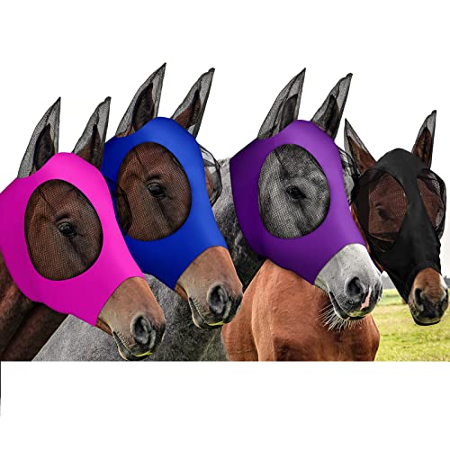 4 Pieces Horse Fly Mask with Ears Protection Horse Mask Smooth Elastic Fly Mask with Sun Protection for Horses (Medium)