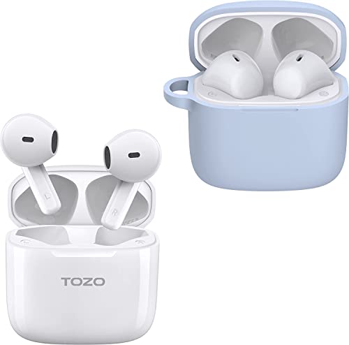 TOZO A3 Wireless Earbuds Bluetooth 5.3 Half in-Ear Lightweight Headsets White & TOZO A3 Protective Silicone Case Blue