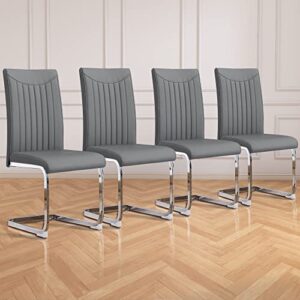 modern dining chairs set of 4, kitchen modern metal chairs with faux leather padded seat high back and sturdy chrome legs, chairs for dining room, grey