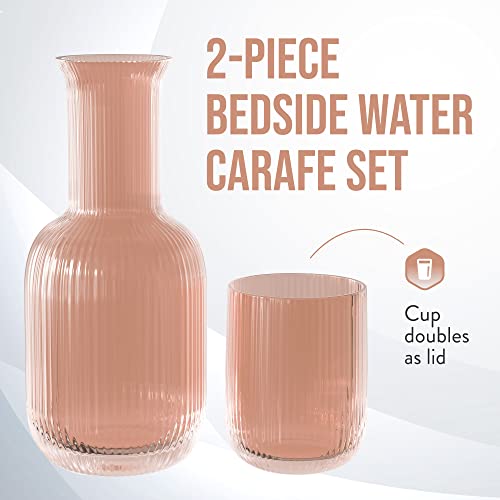 American Atelier Bedside Water Carafe with Tumbler | 28-Ounce Pitcher and Matching Drinking Glass | Use Cup as a Lid for Carafe | For Guest Room, Nightstand, Office, or Gift (Blush)