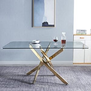 Glass Dining Table for 6 - Dining Room Table with Gold Stainless Steel Legs, 63 inch Rectangular Dining Table Kitchen Table, Modern Dining Table for Kitchen Dining Room, Home Office Furniture