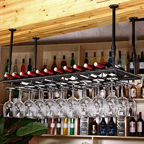 Retro Wine Rack Upside Down Wine Glass Storage Display Shelf Wrought Iron Home Bar Office Decor J1111, PIBM, Black, 120x35cm