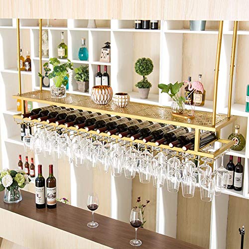 Double Layer Wine Rack Bar Wine Glass Rack Suspension Ceiling Wine Rack Restaurant Wine Bottle Rack J1019, PIBM, Gold, L120×W30cm