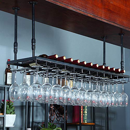 Ceiling Wine Rack Suspension Wine Bottle Rack Bar Wine Glass Rack European Style Goblet Holder J1011, PIBM, Black, L100×W30cm