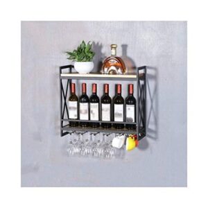 wood wine rack wine glass storage shelf wrought iron upside down display stand home bar decor j1029, pibm, black, 60x20x52cm