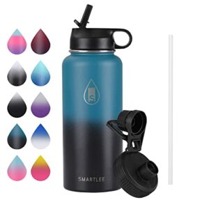 smartlee insulated water bottle with straw & spout lid - 32oz leak-proof vacuum insulated water bottle with strainer thermos sports water bottle (green-black gradient)