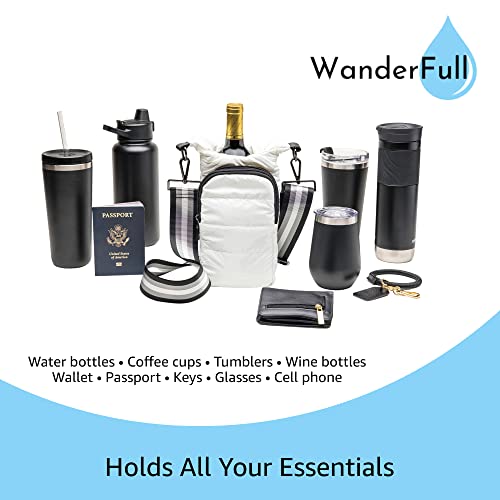 WanderFull Crossbody HydroBag - Water Bottle Holder - Quilted Bottle Bag - Water Bottle Carrier with Strap - Stylish Puffer Tote for Water Bottle (White Glossy with Interchangeable Strap)