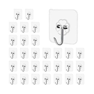 sticky wall hook for hanging 22 lbs (max) super strong heavy duty self adhesive 30 pack transparent invisible waterproof hooks for bathroom shower outdoor kitchen
