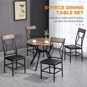 HOMCOM Industrial Dining Table Set for 4, Space-Saving 5 Piece Kitchen Table and Chairs with Round Table, Padded Seat and Steel Frame, Brown