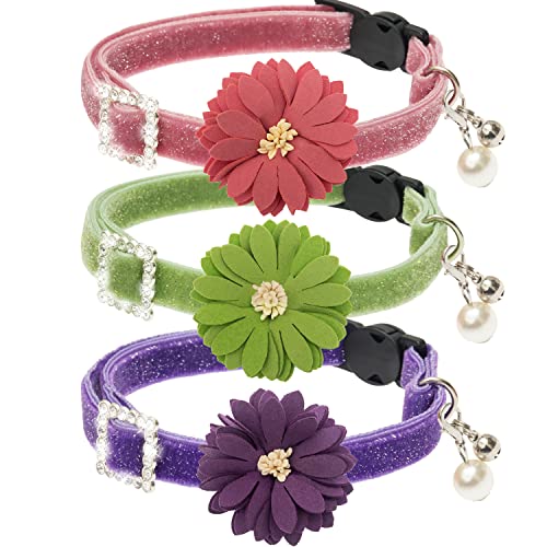 ZEEMIAS Breakaway Cat Collars with Bell - 3 Pack Flower Bling Cute Cat Collars for Girl Boy Cats - Adjustable Soft Velvet Cat Collar Accessories for Kitten, Adult Cats, Puppy