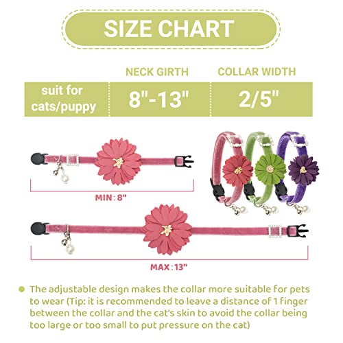 ZEEMIAS Breakaway Cat Collars with Bell - 3 Pack Flower Bling Cute Cat Collars for Girl Boy Cats - Adjustable Soft Velvet Cat Collar Accessories for Kitten, Adult Cats, Puppy