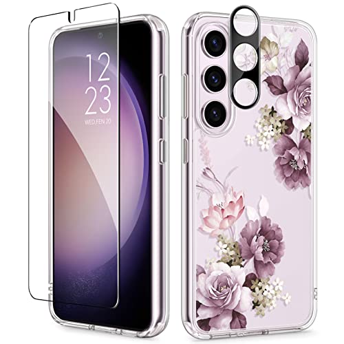 GVIEWIN Compatible with Samsung Galaxy S23 Plus Case with Screen Protector+Camera Lens Protector, Slim Shockproof Clear Floral Pattern Phone Protective Cover for Women 6.6" (Cherry Blossoms/Purple)