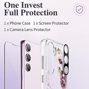 GVIEWIN Compatible with Samsung Galaxy S23 Plus Case with Screen Protector+Camera Lens Protector, Slim Shockproof Clear Floral Pattern Phone Protective Cover for Women 6.6" (Cherry Blossoms/Purple)