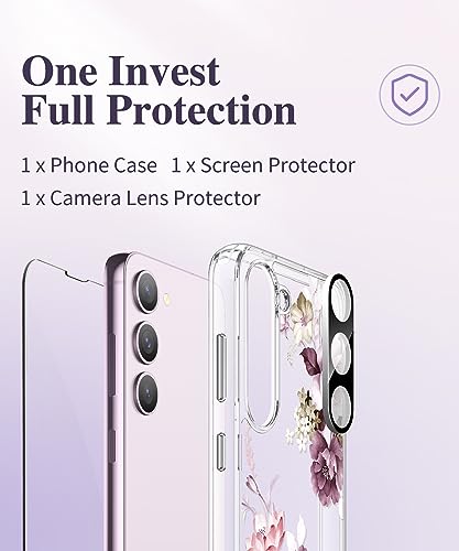 GVIEWIN Compatible with Samsung Galaxy S23 Plus Case with Screen Protector+Camera Lens Protector, Slim Shockproof Clear Floral Pattern Phone Protective Cover for Women 6.6" (Cherry Blossoms/Purple)