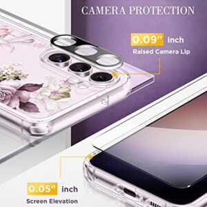 GVIEWIN Compatible with Samsung Galaxy S23 Plus Case with Screen Protector+Camera Lens Protector, Slim Shockproof Clear Floral Pattern Phone Protective Cover for Women 6.6" (Cherry Blossoms/Purple)