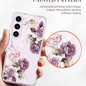 GVIEWIN Compatible with Samsung Galaxy S23 Plus Case with Screen Protector+Camera Lens Protector, Slim Shockproof Clear Floral Pattern Phone Protective Cover for Women 6.6" (Cherry Blossoms/Purple)