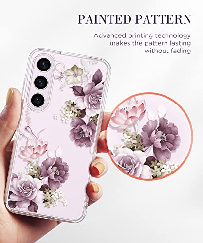 GVIEWIN Compatible with Samsung Galaxy S23 Plus Case with Screen Protector+Camera Lens Protector, Slim Shockproof Clear Floral Pattern Phone Protective Cover for Women 6.6" (Cherry Blossoms/Purple)