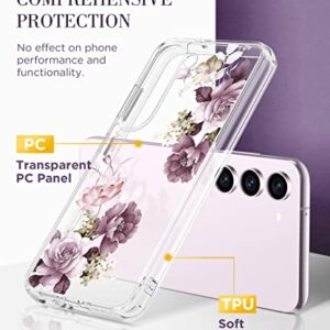 GVIEWIN Compatible with Samsung Galaxy S23 Plus Case with Screen Protector+Camera Lens Protector, Slim Shockproof Clear Floral Pattern Phone Protective Cover for Women 6.6" (Cherry Blossoms/Purple)