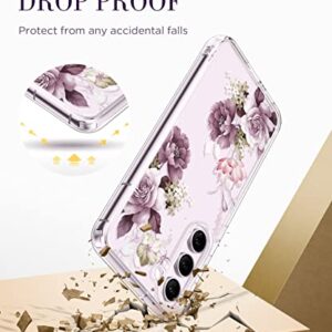 GVIEWIN Compatible with Samsung Galaxy S23 Plus Case with Screen Protector+Camera Lens Protector, Slim Shockproof Clear Floral Pattern Phone Protective Cover for Women 6.6" (Cherry Blossoms/Purple)