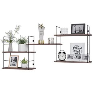 richer house 5-tier floating shelves with metal frame, 5 pcs wall mounted shelf for wall decor, rustic wood hanging shelves with metal frame storage for living room/bathroom/bedroom - rustic brown