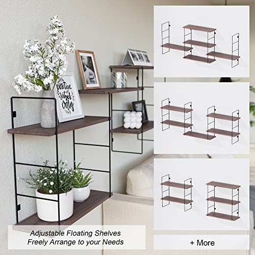 RICHER HOUSE 5-Tier Floating Shelves with Metal Frame, 5 Pcs Wall Mounted Shelf for Wall Decor, Rustic Wood Hanging Shelves with Metal Frame Storage for Living Room/Bathroom/Bedroom - Rustic Brown