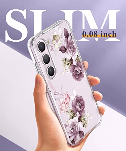 GVIEWIN Case Compatible with Samsung Galaxy S23 Case, with Screen Protector + Camera Lens Protector Floral Shockproof Clear Hard PC+Soft Bumper Women Phone Cover 2023 6.1" (Cherry Blossoms/Purple)