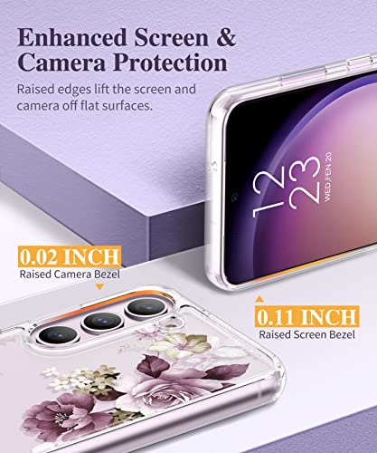 GVIEWIN Case Compatible with Samsung Galaxy S23 Case, with Screen Protector + Camera Lens Protector Floral Shockproof Clear Hard PC+Soft Bumper Women Phone Cover 2023 6.1" (Cherry Blossoms/Purple)