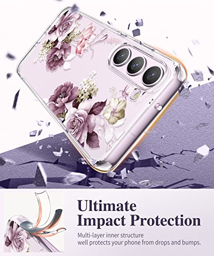 GVIEWIN Case Compatible with Samsung Galaxy S23 Case, with Screen Protector + Camera Lens Protector Floral Shockproof Clear Hard PC+Soft Bumper Women Phone Cover 2023 6.1" (Cherry Blossoms/Purple)