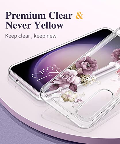 GVIEWIN Case Compatible with Samsung Galaxy S23 Case, with Screen Protector + Camera Lens Protector Floral Shockproof Clear Hard PC+Soft Bumper Women Phone Cover 2023 6.1" (Cherry Blossoms/Purple)