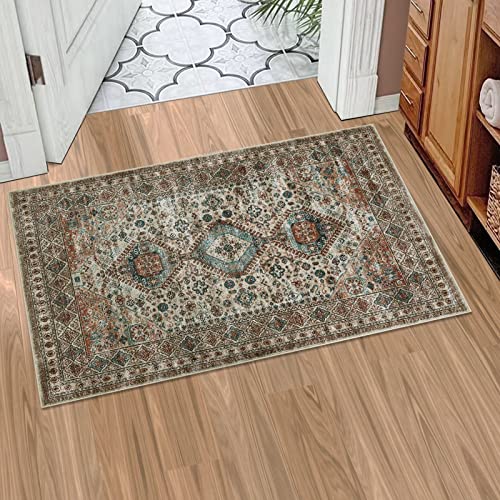 Zacoo Vintage Area Rug, Oriental Traditional Non-Shedding Living Room Bedroom Dining Home Office Area Rug Boho Machine Washable Floral Rug Floor Mat Brown 2x3 FT