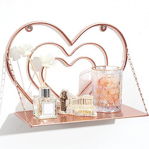 Mazjoaru Floating Shelves Rose Gold Multi-Layer Heart Shape Design Hanging Shelves Pink Room Decor, Cute Pink Chain Metal Wall Mounted Shelf for Bedroom, Nursery, Living Room