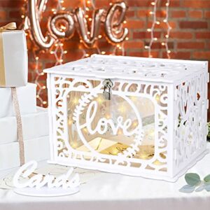 ourwarm diy white wedding card box with lock and string lights, pvc hollow card box graduation card box perfect for wedding reception anniversary, baby showers, birthdays, bridal or baby showers