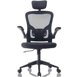 sukida office chair with headrest - ergonomic office chair with neck support, black mesh computer desks chairs wheels back support back pain comfortable flip up arms comfy for home bedroom