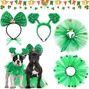4 pcs st patrick's day dog costume pet costume, tutu for dogs sequins bowtie shamrock headband dog dress tutu collar green puppy skirt for st. patrick's day irish party dog pets accessories photo prop