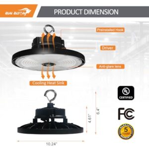 Run Bison LED High Bay Light with Adjustable Power 100w/120w/150w, 15000lm/18000lm/22500lm. 3CCT 3000K/4000K/5000K,0-10V Dimmable UFO High Bay Light with Preinstalled Hook (4PK)