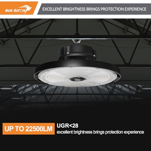 Run Bison LED High Bay Light with Adjustable Power 100w/120w/150w, 15000lm/18000lm/22500lm. 3CCT 3000K/4000K/5000K,0-10V Dimmable UFO High Bay Light with Preinstalled Hook (4PK)