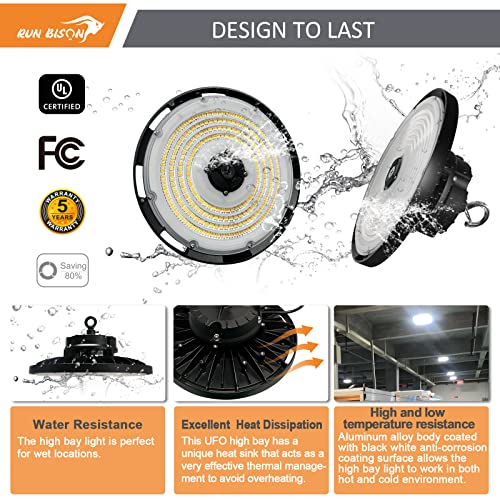 Run Bison LED High Bay Light with Adjustable Power 100w/120w/150w, 15000lm/18000lm/22500lm. 3CCT 3000K/4000K/5000K,0-10V Dimmable UFO High Bay Light with Preinstalled Hook (4PK)