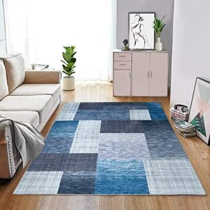 zacoo modern geometric area rug, contemporary distressed boxes design non-shedding living room bedroom dining home office area rug thin lightweight non-slip washable rug carpet blue 4x6 ft