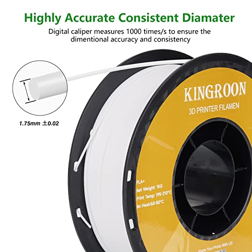 Kingroon PLA Plus（PLA+）3D Printer Filament, Dimensional Accuracy +/- 0.03 mm, 1 kg Spool(2.2lbs), 1.75 mm，White