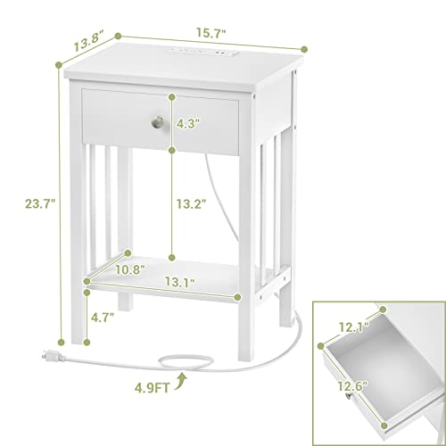 Homykic White Nightstand with Charging Station Set of 2, Bamboo Bedside Table Set with USB Ports and Outlets, Night Stand End Table with Drawer for Bedroom, Living Room, Small Space