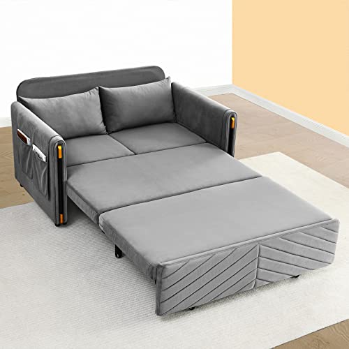 Lyromix 3 in 1 Sofa Bed for Living Room, Convertible Loveseat Sleeper Full Size, Velvet Pull Out Couch with 2 Pillows & Detachable Storage Bag, Grey