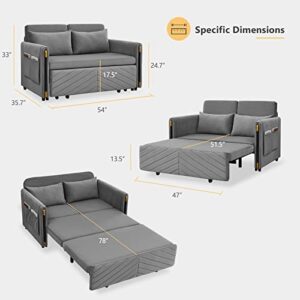 Lyromix 3 in 1 Sofa Bed for Living Room, Convertible Loveseat Sleeper Full Size, Velvet Pull Out Couch with 2 Pillows & Detachable Storage Bag, Grey