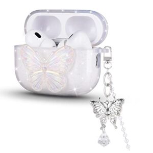 glitter case for airpods pro 2 (2022) with crystal bracelets keychain cute sparkle pretty bling butterflies design soft tpu clear cover case compatible for airpod pro 2nd generation girls women