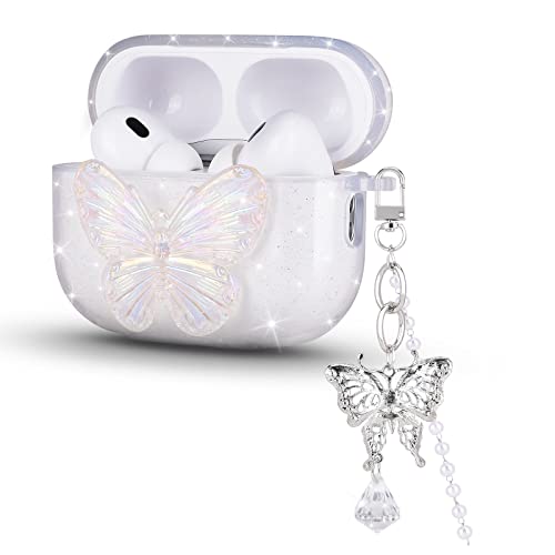 Glitter Case for AirPods Pro 2 (2022) with Crystal Bracelets Keychain Cute Sparkle Pretty Bling Butterflies Design Soft TPU Clear Cover Case Compatible for AirPod Pro 2nd Generation Girls Women