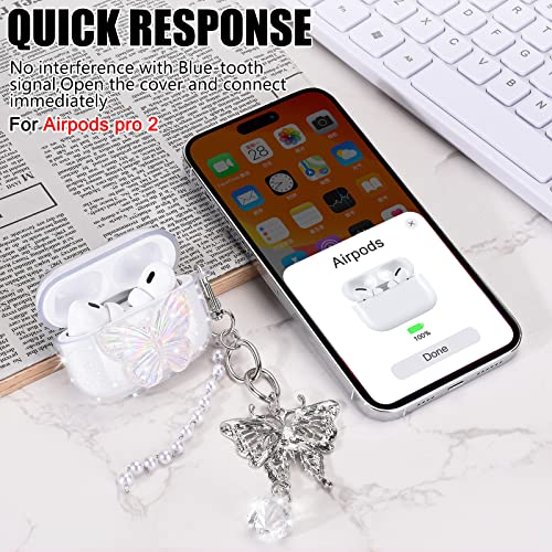 Glitter Case for AirPods Pro 2 (2022) with Crystal Bracelets Keychain Cute Sparkle Pretty Bling Butterflies Design Soft TPU Clear Cover Case Compatible for AirPod Pro 2nd Generation Girls Women