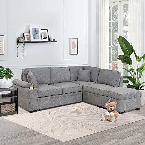 Polibi 5-Seat Sleeper Sofa Bed with Storage Ottoman, USB Charging Ports, Cup Holder on Armrest and 2 Pillows, L-Shape Convertible Pull-Out Sofa Upholstered Couch for Living Room, Grey