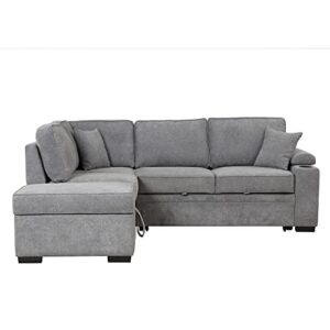 Polibi 5-Seat Sleeper Sofa Bed with Storage Ottoman, USB Charging Ports, Cup Holder on Armrest and 2 Pillows, L-Shape Convertible Pull-Out Sofa Upholstered Couch for Living Room, Grey