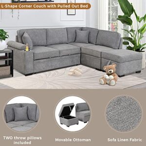 Polibi 5-Seat Sleeper Sofa Bed with Storage Ottoman, USB Charging Ports, Cup Holder on Armrest and 2 Pillows, L-Shape Convertible Pull-Out Sofa Upholstered Couch for Living Room, Grey